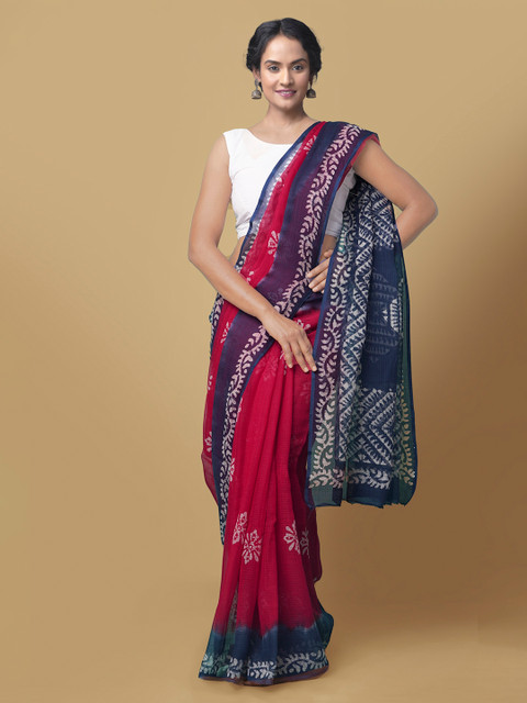 

Unnati Silks Red Pure Cotton Printed Batik Kota Saree