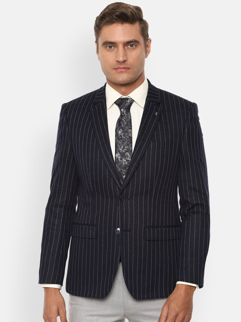 

Van Heusen Men Navy Blue & Grey Striped Single-Breasted Slim-Fit Formal Blazer