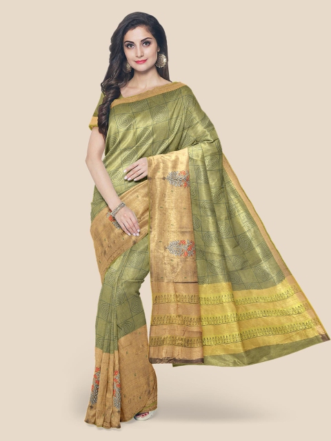 

Kalamandir Olive Green Checked Cotton Blend Saree