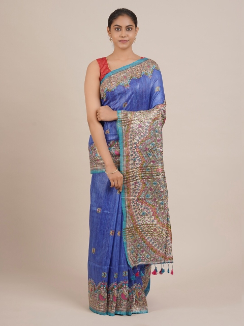 

Pothys Blue Printed Jute Silk Saree With Tasseled Pallu