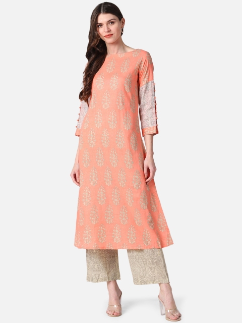 

AHIKA Women Peach-Coloured & Beige Printed Kurta with Trousers