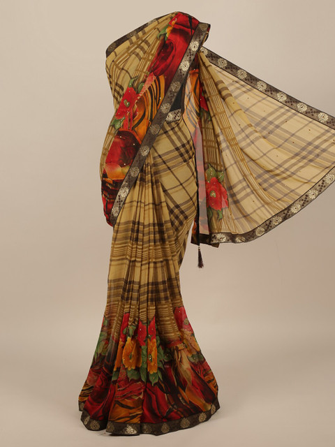 

Pothys Beige & Brown Poly Chiffon Checked Saree
