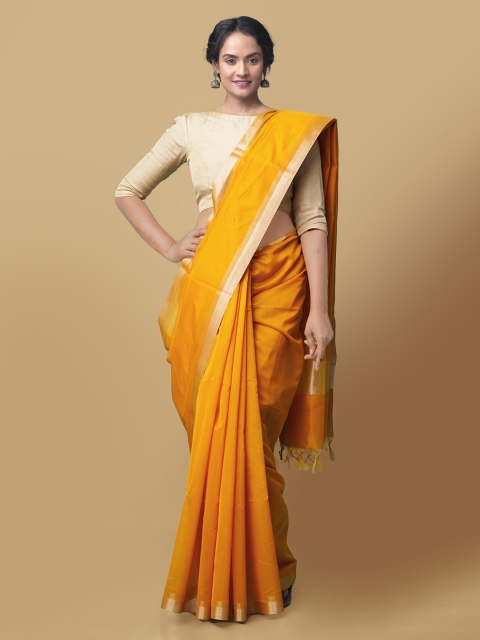 

Unnati Silks Yellow Silk Cotton Solid Baluchari Saree