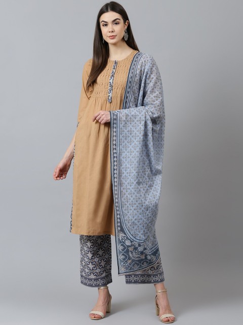 

QOMN Women Light Blue Yoke Design Kurta with Palazzos & Dupatta