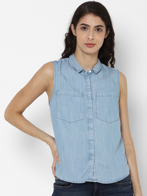 

Allen Solly Woman Blue Solid Casual Sleeveless Cotton Shirt