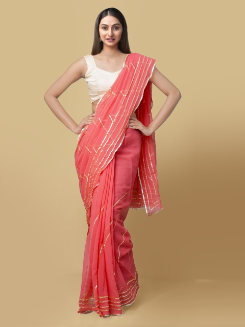 

Unnati Silks Pink & Gold-Toned Pure Chiffon Striped Bhagalpuri Saree