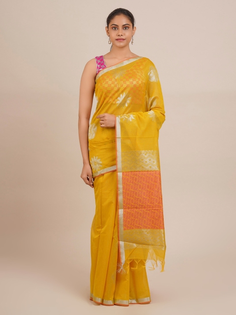 

Pothys Yellow & Silver-Toned Silk Cotton Woven Design Saree