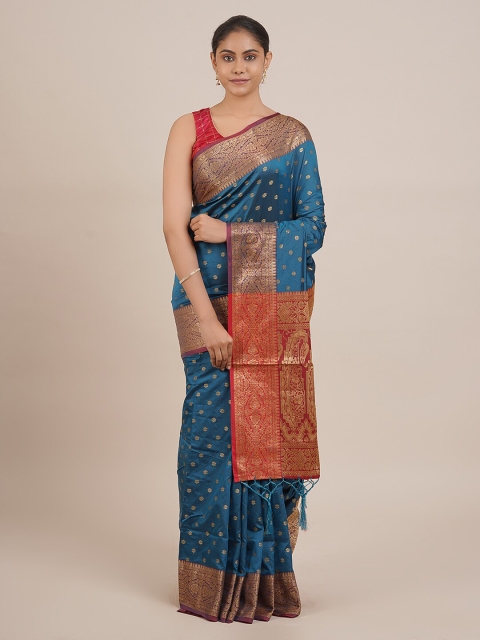 

Pothys Blue & Gold-Toned Cotton Blend Woven Design Saree With Tasseled Pallu