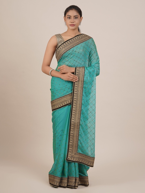 

Pothys Blue & Gold-Toned Pure Georgette Embellished Saree