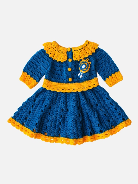 

Woonie Girls Blue Embroidered Handmade A-Line Dress