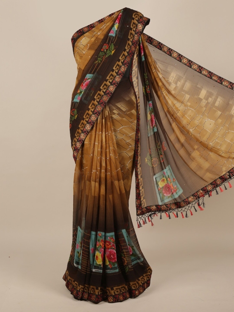 Pothys Brown Printed Poly Chiffon Saree