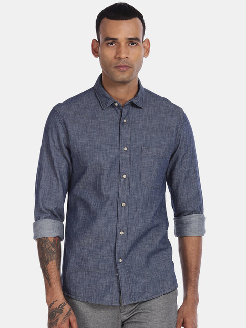 

Cherokee Men Blue Solid Pure Cotton Chambray Shirt