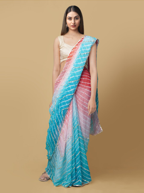 

Unnati Silks Blue & Maroon Pure Chiffon Striped Bhagalpuri Saree