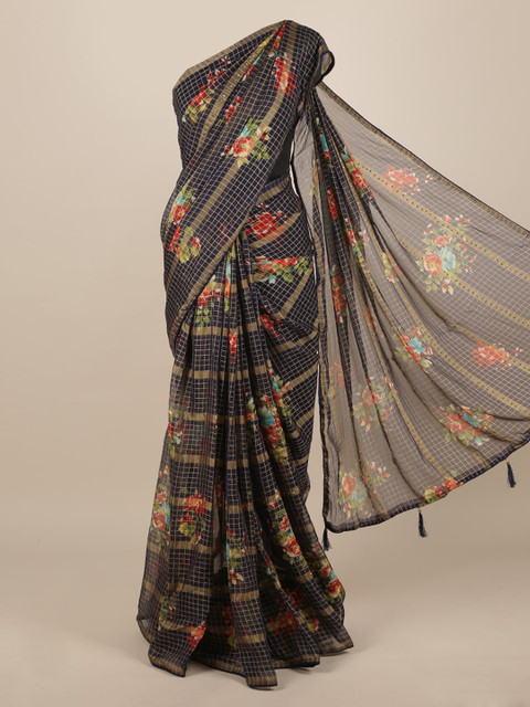 

Pothys Navy Blue Checked Poly Chiffon Saree