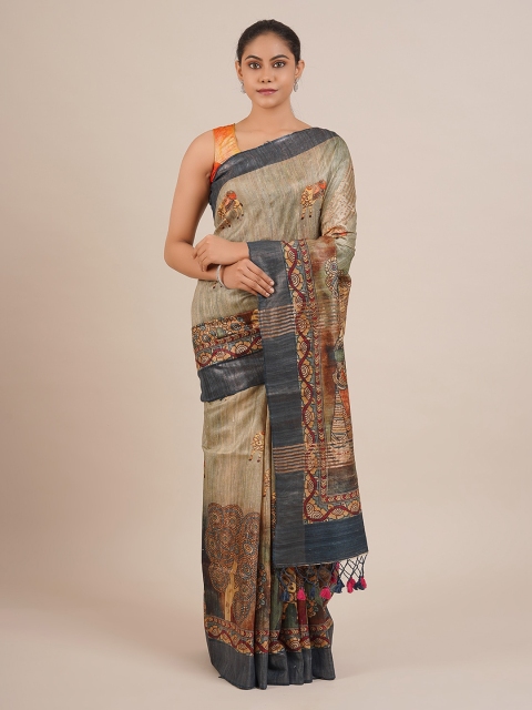 

Pothys Olive Green & Grey Jute Silk Woven Design Saree