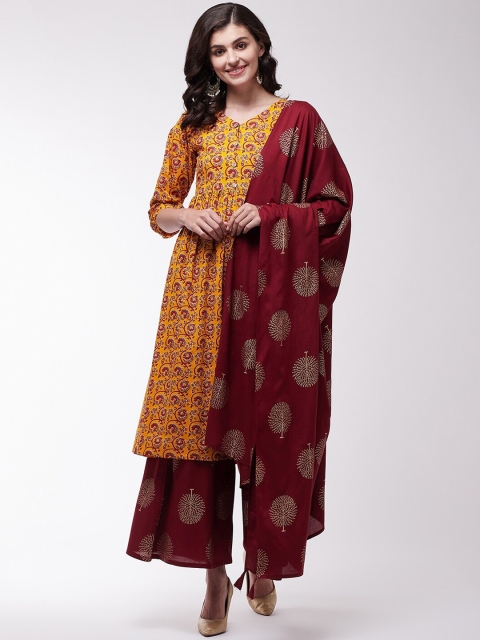 InWeave Women Mustard Brown & Maroon Printed Kurta with Palazzos & Dupatta