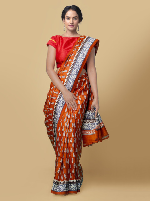 

Unnati Silks Red Pure Silk Printed Handloom Bengal Tussar Saree