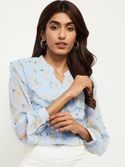 

max Blue & Beige Floral Printed Mandarin Collar Shirt Style Top
