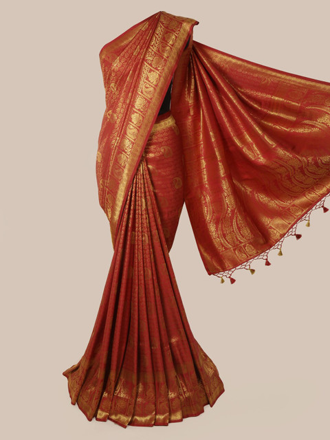 

Pothys Maroon & Gold-Toned Pure Silk Woven Design Banarasi Saree With Tasseled Pallu