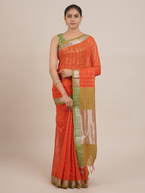 

Pothys Orange & Gold Pure Cotton Checked Mangalagiri Saree With Tasseled Pallu
