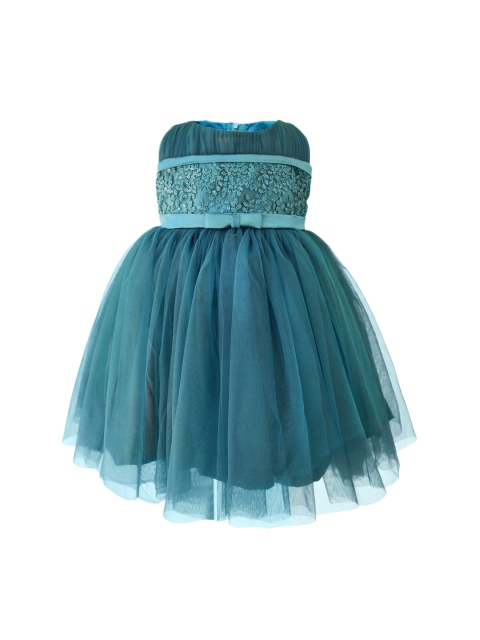 

Faye Girls Teal Green Embroidered Net Midi Fit and Flare Dress