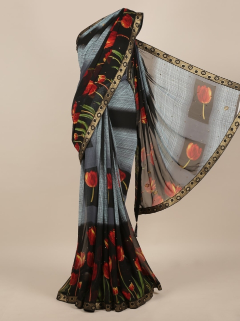 

Pothys Navy Blue & Red Poly Chiffon Printed Saree