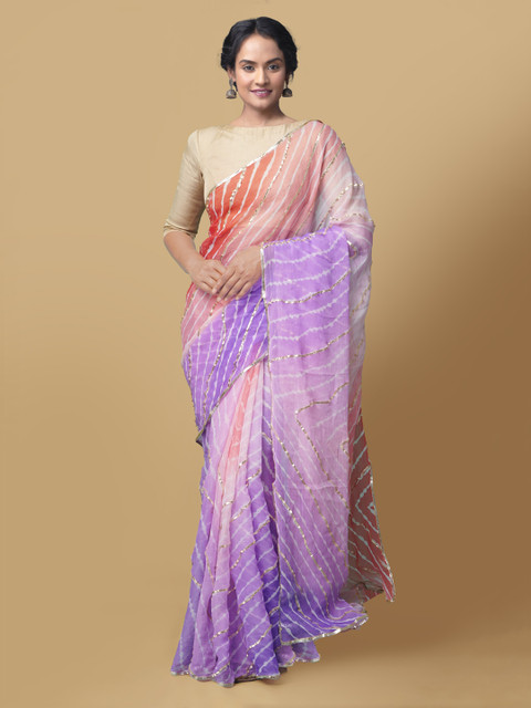 

Unnati Silks Purple & Orange Pure Chiffon Striped Bhagalpuri Saree