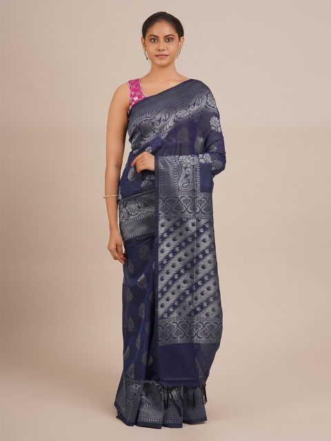 Pothys Navy Blue & Silver-Coloured Silk Cotton Woven Design Saree