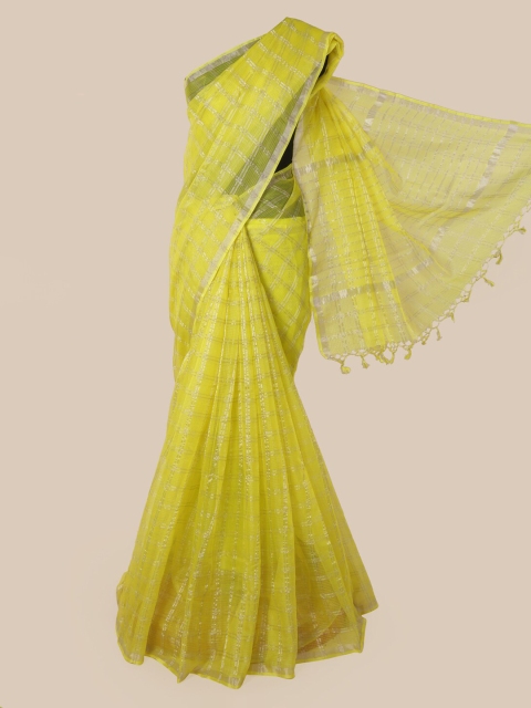 

Pothys Yellow & Silver Pure Silk Checked Saree