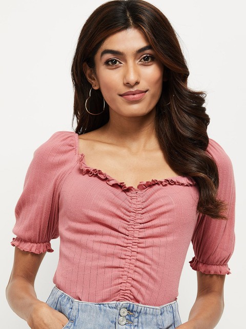 

max Pink Sweetheart Neck Puff Sleeves Regular Crop Top