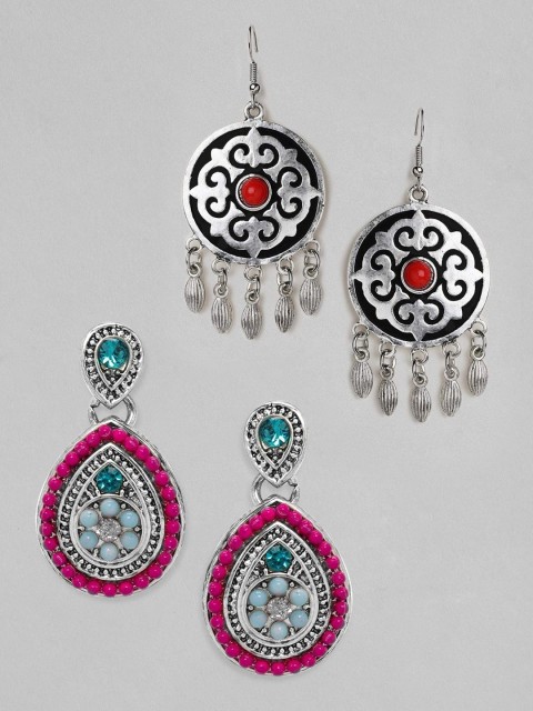 

Rubans Pack of 2 Silver-Toned & Red Contemporary Drop Earrings