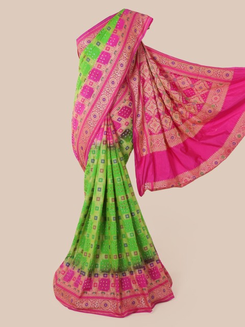 

Pothys Green & Pink Pure Silk Woven Design Bandhani Saree