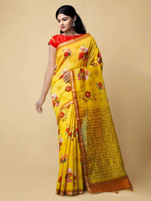 

Unnati Silks Yellow Silk Cotton Floral Printed Chanderi Saree