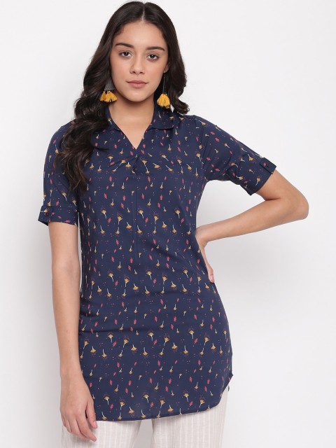 

Miss Grace Navy Blue Printed Pure Cotton Shirt Style Longline Top