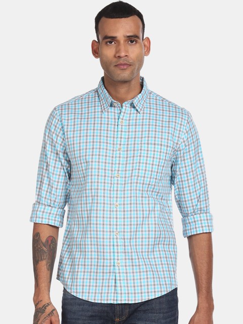 

Ruggers Men Blue & Grey Checked Pure Cotton Casual Shirt