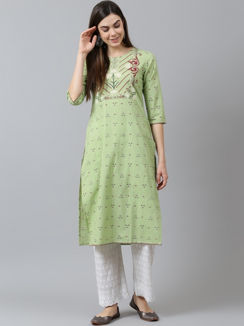 

QOMN Women Lime Green & Red Ethnic Motifs Printed Cotton Kurta