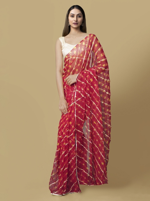 

Unnati Silks Red Pure Chiffon Printed Gota Patti Bhagalpuri Saree
