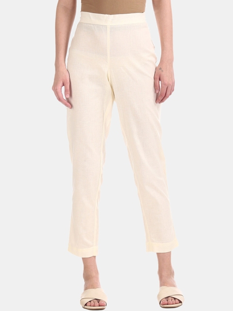 

Karigari Women Off-White Solid Regular Fit Cotton Cigarette Trousers