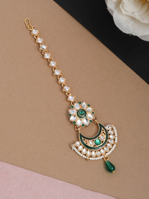 

Silvermerc Designs Green & White Gold-Plated Kundan-Studded & Beaded Maang Tika
