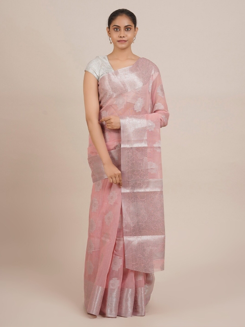 

Pothys Peach-Coloured & Silver-Toned Cotton Blend Woven Design Chanderi Saree