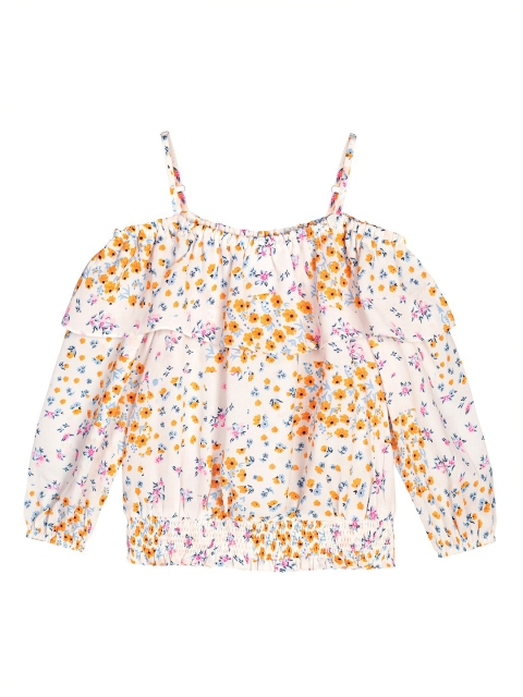 

Budding Bees Off White & Yellow Floral Printed Cold-Shoulder Sleeves Crepe Bardot Top