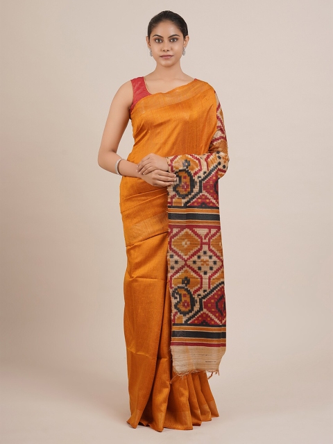 

Pothys Mustard Brown & Black Pure Silk Printed Saree