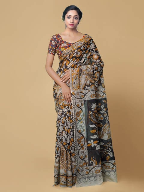 

Unnati Silks Black & Orange Pure Cotton Printed Handloom Kota Saree
