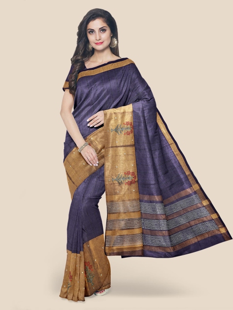 

Kalamandir Purple & Gold-Toned Cotton Blend Solid Saree
