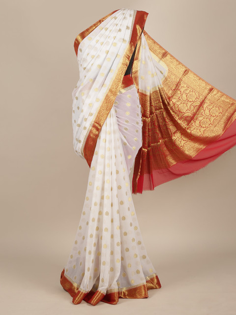 

Pothys White & Gold-Toned Poly Georgette Woven Design Saree
