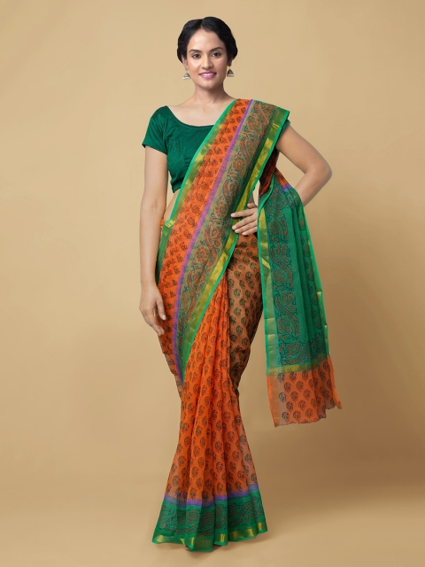 

Unnati Silks Orange & Green Pure Cotton Printed Kota Saree