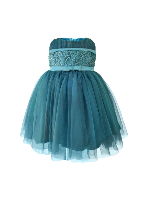 

Faye Girls Teal Green Embroidered Net Midi Fit and Flare Dress