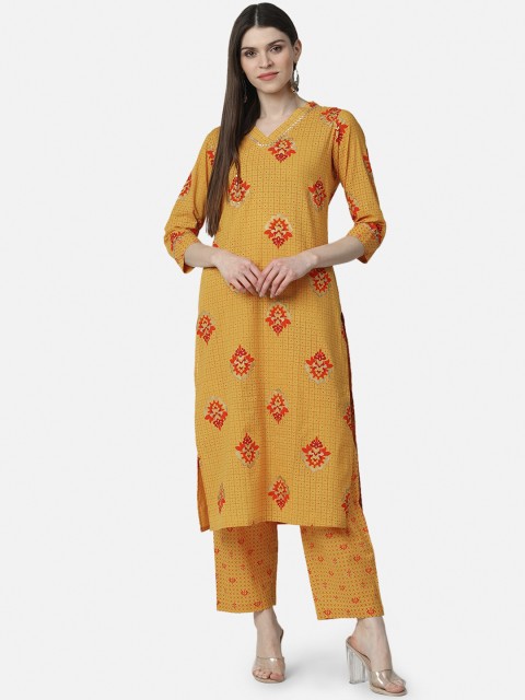 

AHIKA Women Mustard Yellow & Red Printed Kurta with Palazzos