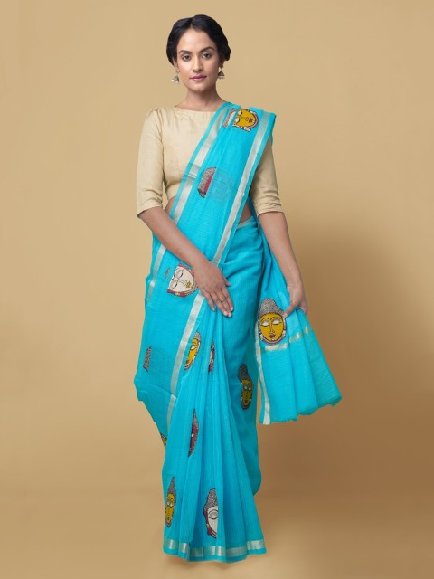 

Unnati Silks Blue & Yellow Pure Cotton Printed Kota Handloom Saree