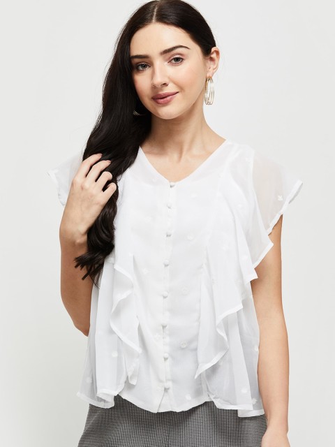 

max White Floral V Neck Semi Sheer Ruffles Cap Sleeves Regular Top